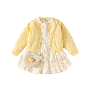 班喜迪女童连衣裙春装儿童针织开衫套装裙周岁礼服春秋宝宝公主裙