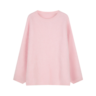BLUEerror 拉毛保暖软糯粉色圆领套头羊绒毛衣女慵懒针织衫冬季