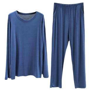 莫代尔睡衣男夏圆领套装大码宽松长袖长裤外穿运动薄款居家服薄款