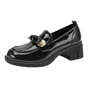 厚底乐福鞋女款2025新款春季百搭英伦风亮面软底粗跟一脚蹬小皮鞋