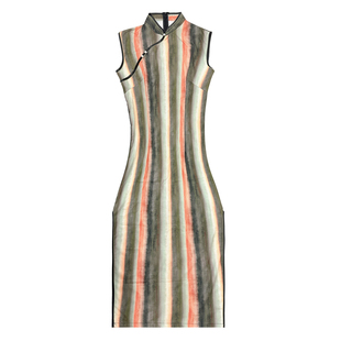 新中式条纹无袖旗袍 夏季薄款连衣裙 修身显瘦日常可穿小个子女