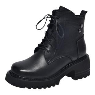 厚底高跟头层牛皮马丁靴女秋冬新款时尚软底圆头松糕短靴真皮女靴