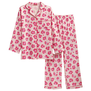 性感粉红豹纹印花冰丝睡衣女生长袖翻领家居服套装可外穿亲肤透气