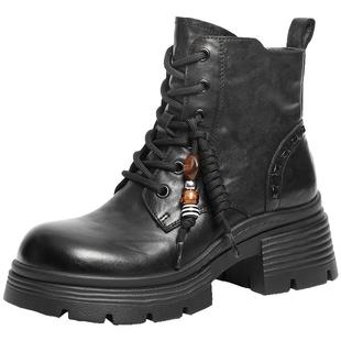 百丽厚底增高真皮马丁靴女冬季新款串珠加绒短靴子F2T1DDD5