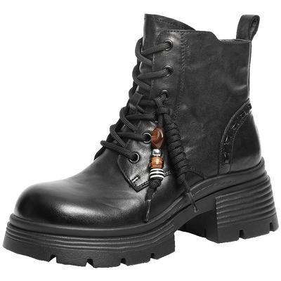 百丽厚底增高真皮马丁靴女2025冬季新款串珠加绒短靴子F2T1DDD5