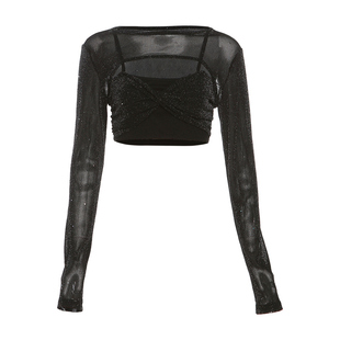 SylCue性感辣妹风长袖外搭细闪小吊带两件套女露脐镂空上衣打底衫
