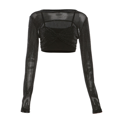 性感辣妹风长袖外搭细闪小吊带