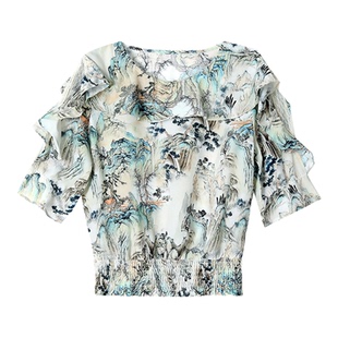 春夏季妈妈装雪纺上衣女洋气轻奢小衫七分袖碎花衬衫洋气大码遮肚