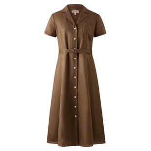 【100%亚麻】Eland衣恋连衣裙女短袖纯色衬衫裙2025秋季新款