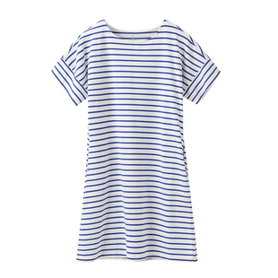 假日概念法式一字领条纹连衣裙女2025夏季新款女装t恤短袖中裙子