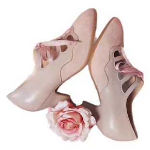 奈里法式复古温柔粉拼色仙女镂空深口单鞋酒杯跟高跟鞋系带公主鞋