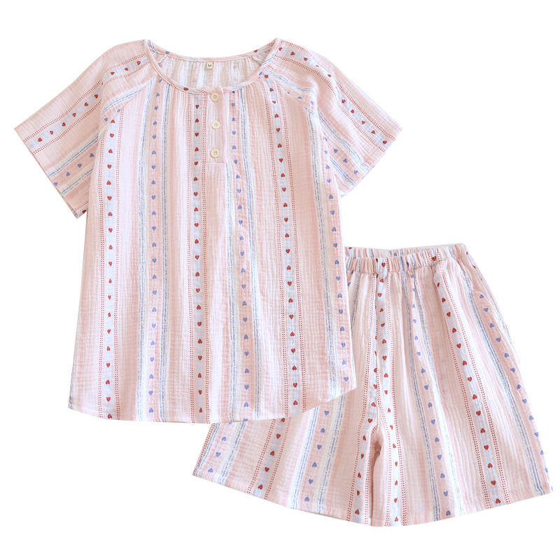 竖条纹2026新款睡衣女夏100%纯棉套头款纱布短袖短裤家居服套装