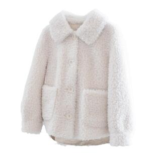 原隐复古秋冬休闲夹克白色短大衣粉羊羔绒毛颗粒羊毛外套皮毛一体