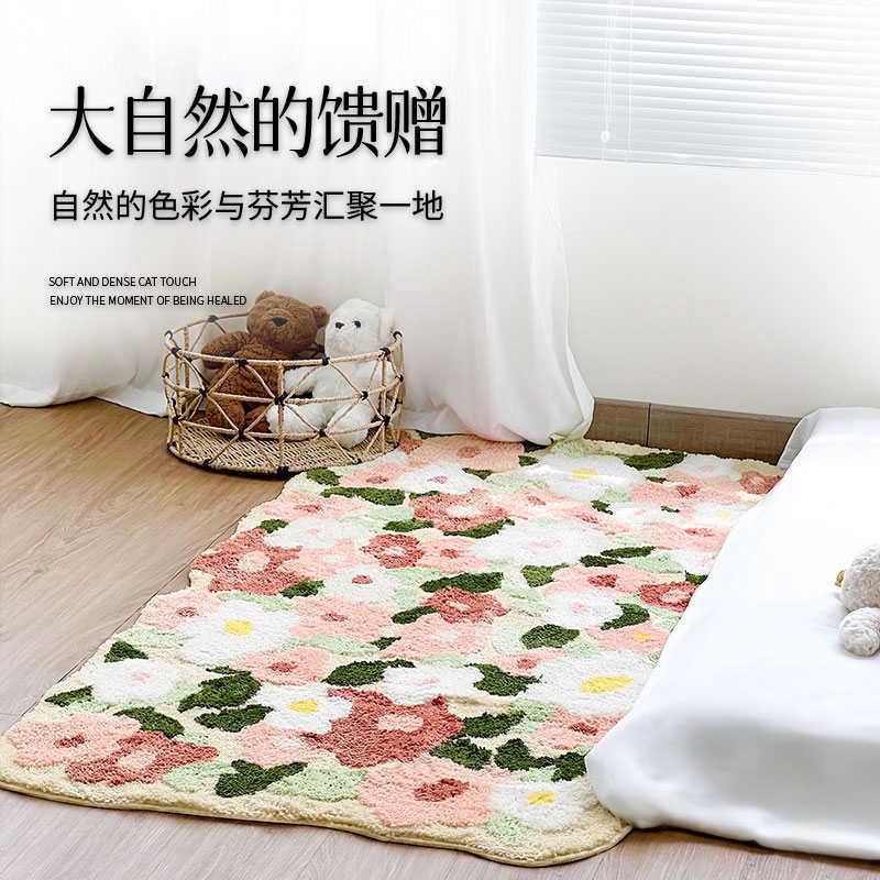 高级感床边毯地毯客厅2024新款沙发卧室花朵长条加厚绿色机洗地毯