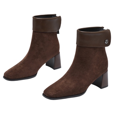 exull/依思Q马丁靴2025年秋冬新款绒面高跟鞋粗跟瘦瘦靴尖头短靴