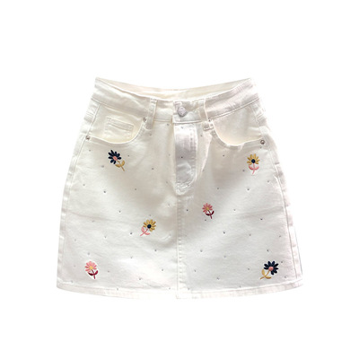 白色高腰花朵刺绣牛仔短裙女