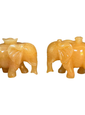 天然米黄玉大象一对招财摆件