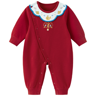 木生棉婴儿连体衣秋冬季男女宝宝纯棉红色喜庆满月新年服哈衣爬服