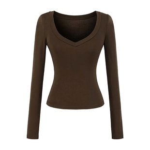怪力酱 天丝V领正肩长袖打底衫女春秋季紧身收腰短款内搭辣妹上衣