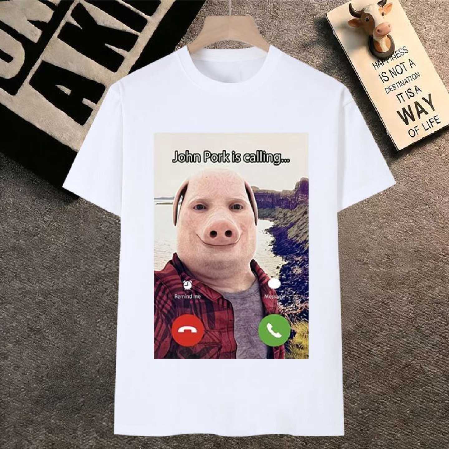 约翰波克打电话表情包短袖男t恤女JohnPorkIsCallAnswer猎奇猪头