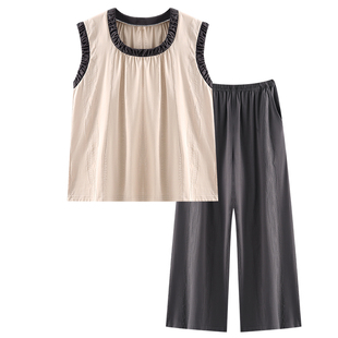 女士睡衣夏季纯棉套头宽松无袖背心长裤气质高级感家居服夏天套装