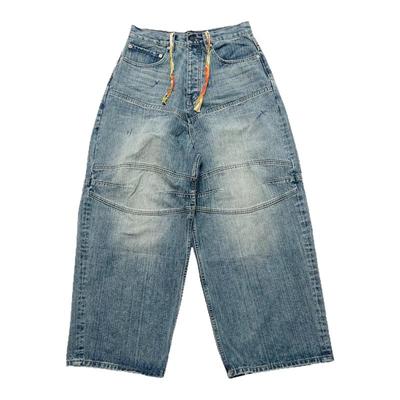 黄色抽绳浅蓝色baggy牛仔裤