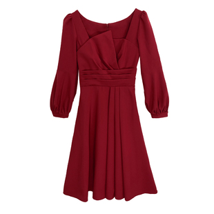 敬酒服2024年秋冬款酒红色订婚连衣裙结婚回门新娘裙长袖宴会礼服