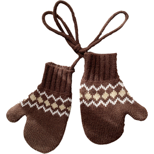 费尔岛风儿童提花针织连指手套男女冬季保暖防冻防寒挂脖毛线手套