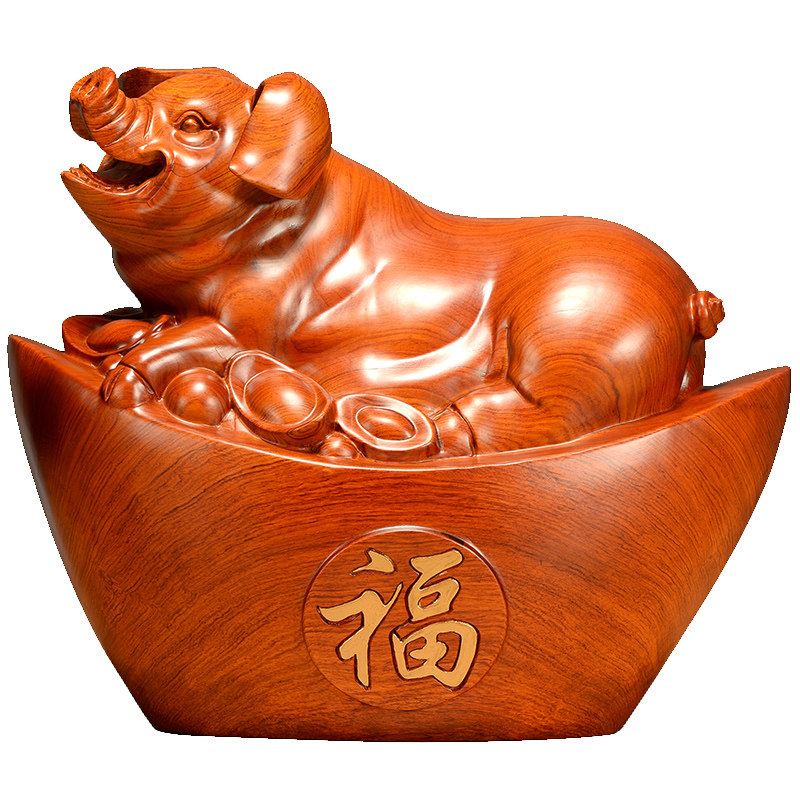 刺史红木生肖猪风水元宝工艺品