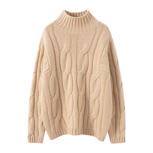 清河纯高领重磅羊绒衫女冬季加厚保暖绞花毛衣宽松慵懒针织打底衫