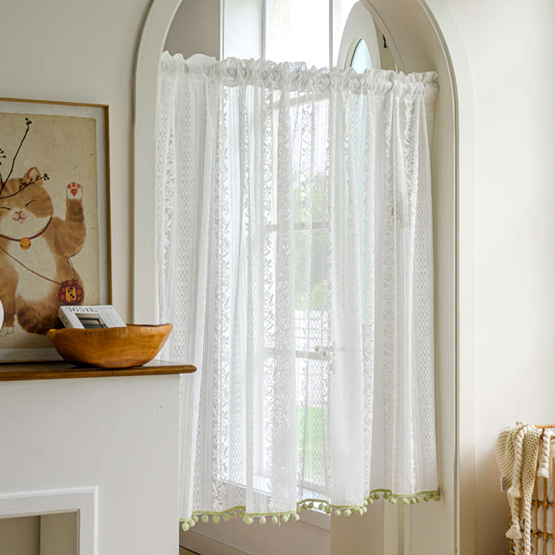 门帘隔断帘房间蕾丝纱帘免打孔伸缩杆法式田园厨房卫生间半截短帘