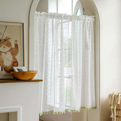 门帘隔断帘房间蕾丝纱帘免打孔伸缩杆法式田园厨房卫生间半截短帘