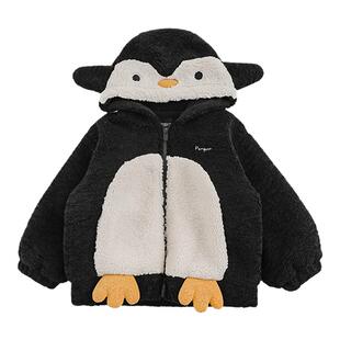 幼悠男童2025新款撞色企鹅连帽外套冬季时尚加厚保暖休闲儿童冬装