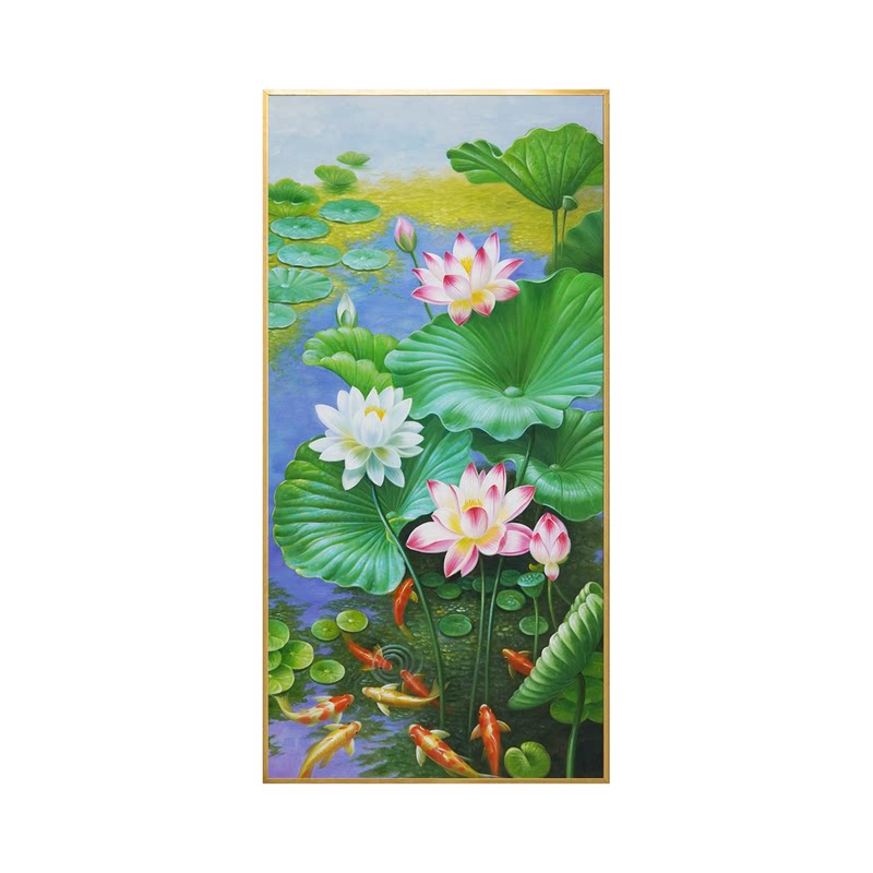 手绘九鱼图荷花油画纯手工新中式玄关装饰画走廊入户锦鲤池塘挂画