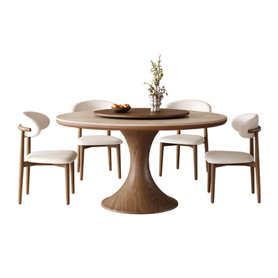 洞石岩板小蛮腰实木圆餐桌带转盘