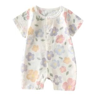 婧麒宝宝连体衣夏季薄款短袖婴儿纯棉女新生儿短袖哈衣爬服男透气