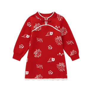 【新品】全棉时代女童连衣裙儿童裙子红色拜年服新年马年过年新款