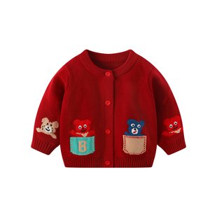 男宝宝拜冬毛衣秋冬婴儿针织衫外套男童红色上衣儿童新年拜年衣服