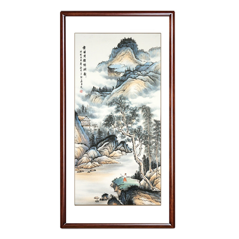 竖版招财风水楼梯间带框手绘字画