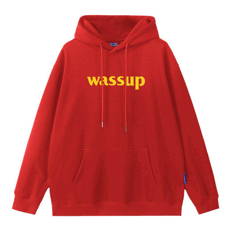 WASSUP秋冬新款加绒中国红色卫衣男女休闲美式重磅连帽衫套头外套