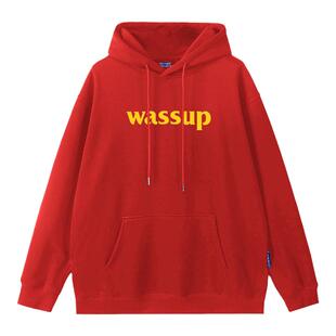 WASSUP秋冬新款加绒中国红色卫衣男女休闲美式重磅连帽衫套头外套
