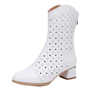 全牛皮镂空中筒靴春夏真皮粗跟软底透气洞洞凉靴配裙中跟白色靴子