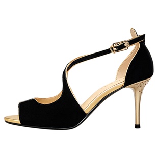 灵梅陈高光鞋鱼嘴鞋高跟鞋细跟时尚优雅露趾女鞋夏季真皮交叉凉鞋