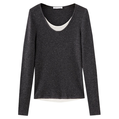 水云间灰色假两件毛针织衫上衣女亮丝毛衣羊毛内搭打底衫2025秋款