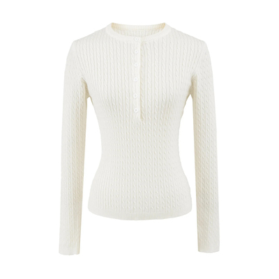 韩系气质圆领纽扣修身褶皱毛衣打底衫女秋冬季内搭显瘦麻花上衣