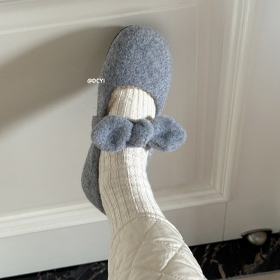 DCYI灰色蝴蝶结加绒毛毛鞋外穿秋冬保暖平底单鞋豆豆鞋玛丽珍棉鞋