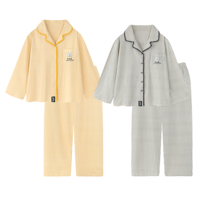 卡通格子纯棉睡衣情侣装一男一女春秋款长袖可外穿家居服套装秋冬