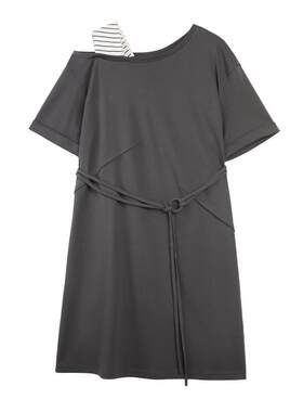 ELLE条纹拼接露肩连衣裙