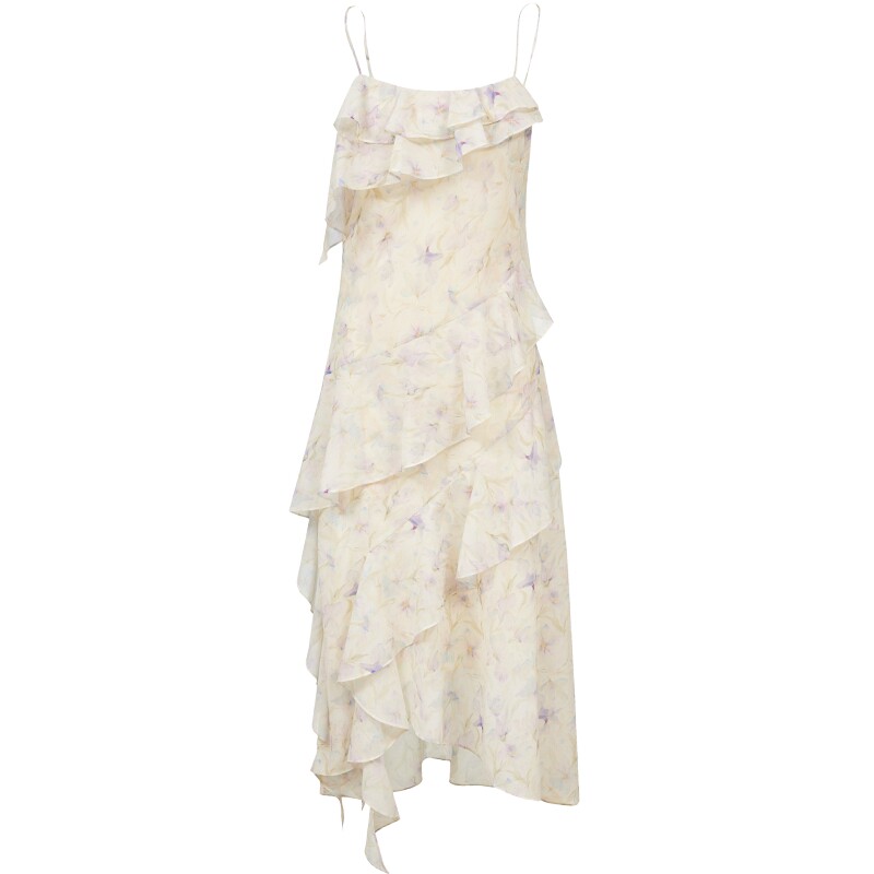 ONLY2026春季新款飘逸荷叶边裙子可调节细肩带不规则仙女连衣裙女