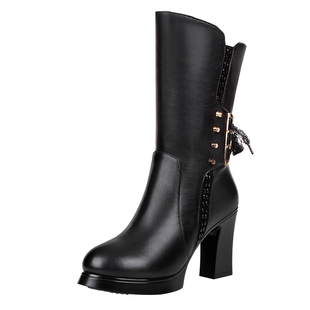 冬季女靴高跟鞋加绒妈妈中筒靴女粗跟防水台马靴羊毛棉靴保暖冬靴